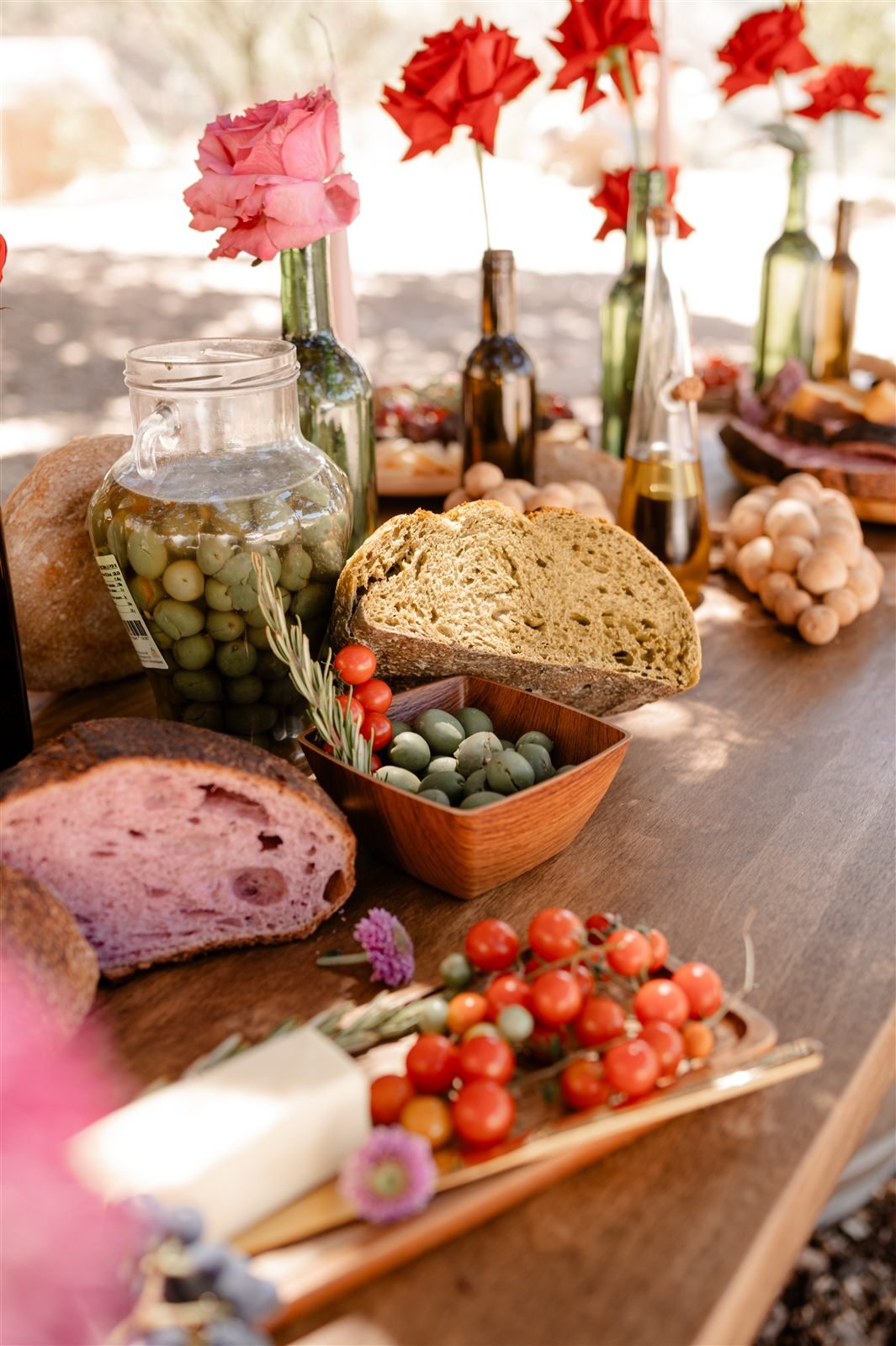 The tasting board: local cheese, olives, bread and wine